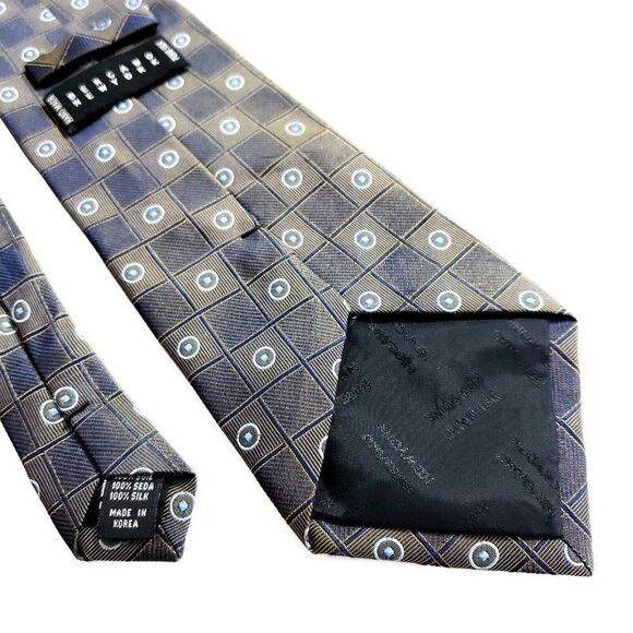 Bergamo New York Woven Brown Blue Geometric Wide Silk Tie - Picture 5 of 6